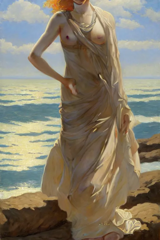 Prompt: a beautiful annie leonhart wearing a dress emerging from the water, oil on canvas, sensuality, artstation, by j. c. leyendecker and edmund blair leighton and charlie bowater, shot on camera sony nicon