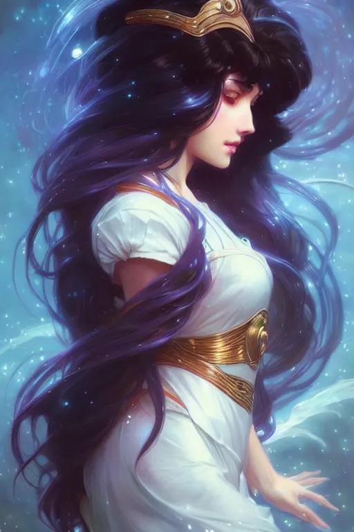 Image similar to a beautiful girl with long dark hair and bangs, sailor moon aesthetic, fantasy, intricate, elegant, highly detailed, digital painting, artstation, concept art, matte, sharp focus, illustration, art by Artgerm and Greg Rutkowski and Alphonse Mucha