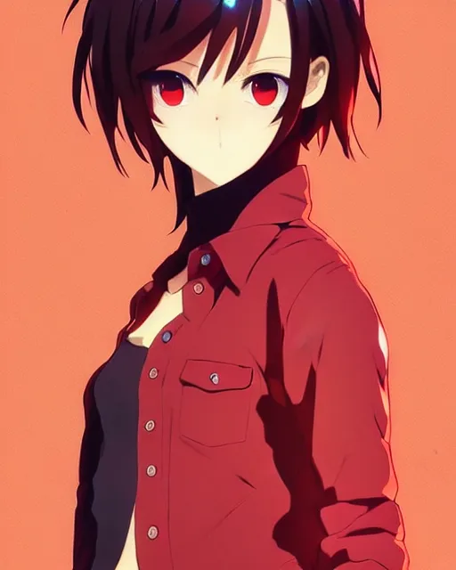 Image similar to beautiful anime woman, wearing full clothing red shirt brown pants, clockpunk, black and red hair hair, symmetrical face, symmetrical eyes, full round face, short smile, detailed, summer setting, cinematic lighting, makoto shinkai, artgerm, yoji shinkawa, ilya kuvshinov, loish