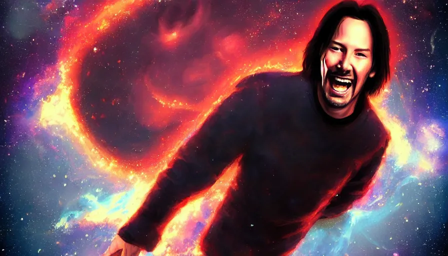 Image similar to a terrified looking Keanu reeves floating in space with a big smile, digital art, artstation, artgem