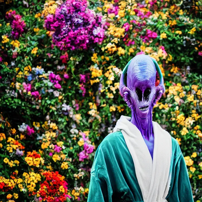 Image similar to an alien wearing a robe made of flowers, by Omar Z. Robles, CANON Eos C300, ƒ1.8, 35mm, 8K, medium-format print