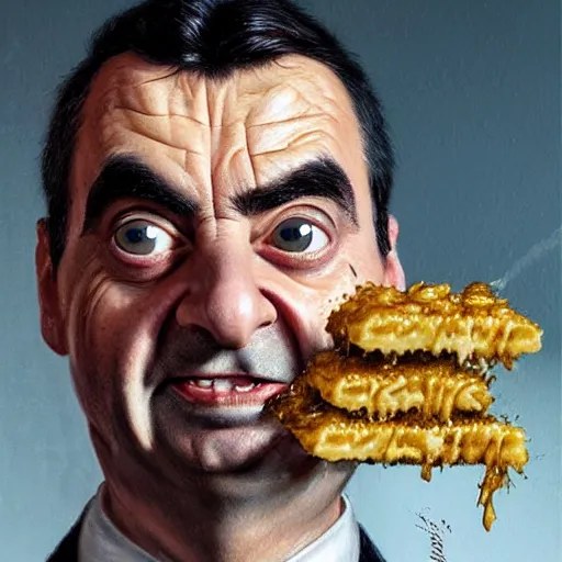 Image similar to hyper realistic, close up portrait of a derpy mr. bean, big chungus covered in wet mac and cheese by greg rutkowski, scott m fischer, artgerm, loish, slight glow, atmospheric