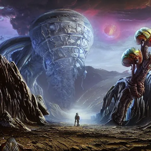 Prompt: aliens on a strange planet, fantasy art, matte painting