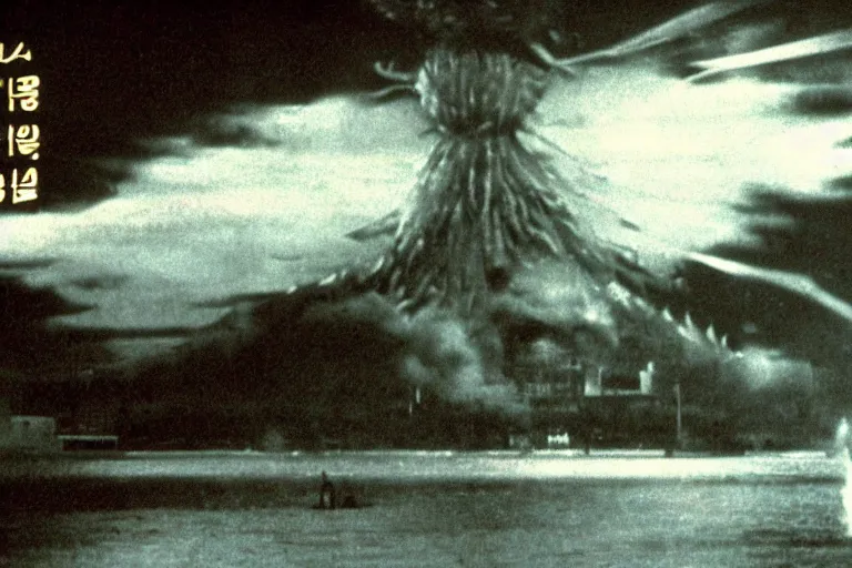 Image similar to a filmstill of Kim Jong-il and a Starro Kaiju monster destroying Pyongyang, in Godzilla (1954) by Ishirō Honda, traditional Korean city, palace, epic ultrawide shot, cinémascope