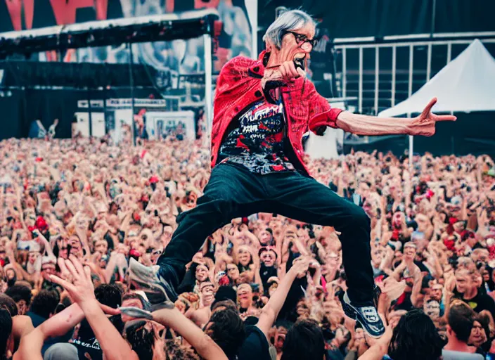 Prompt: photo still of richard belzer on stage at vans warped tour!!!!!!!! at age 3 3 years old 3 3 years of age!!!!!!!! stage diving into the crowd, 8 k, 8 5 mm f 1. 8, studio lighting, rim light, right side key light