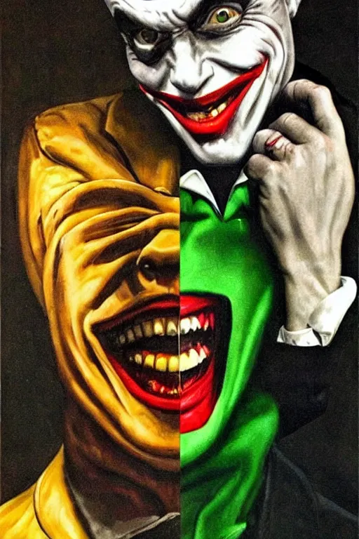 Prompt: michael keaton as the joker. at night, upper torso, beautiful painting by norman rockwell and raymond swanland, beautiful detailed face.