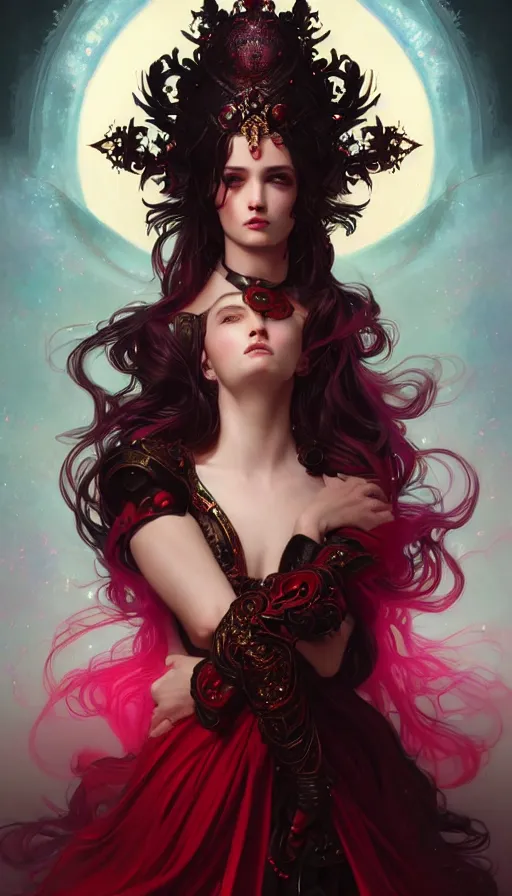 Image similar to portrait of magical paladin , dark fantasy, gradient red black, dreamy and ethereal, (colour) eyes, peaceful expression, ornate frilly dress, fantasy, intricate, elegant, rainbow bubbles, highly detailed, digital painting, artstation, concept art, smooth,b sharp focus, illustration, art by artgerm and greg rutkowski and alphonse mucha