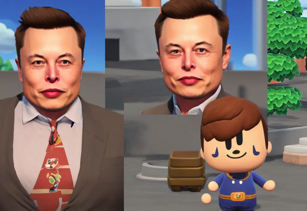 Image similar to elon musk in animal crossing, elon musk in the video game animal crossing, gameplay screenshot, close up, 3 d rendering. unreal engine. amazing likeness. very detailed.