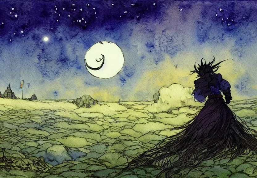 Prompt: a simple watercolor studio ghibli movie still fantasy concept art of a giant shaman from howl's moving castle ( 2 0 0 4 ) on the moors of ireland. it is a misty starry night. by rebecca guay, michael kaluta, charles vess