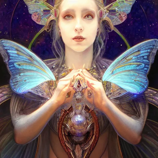 Prompt: beautiful closeup portrait of an art moderne fairy queen, glowing eyes. reflective detailed textures, moth wings, highly detailed dark fantasy science fiction painting by donato giancola and peter mohrbacher and nicholas roerich, elaborate geometric ornament, ancient runes, silver and cool colors. artstation