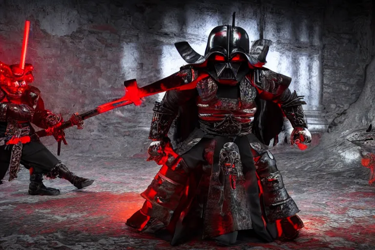 Image similar to a battle - hardened samurai demon warlord vader with sinister kabuto and terrifying men - yoroi mask, with armor intricately engraved with glowing red ancient rune symbols, and adorned with demon skulls, by ayami kojima, unreal engine 5, octane render, 3 d