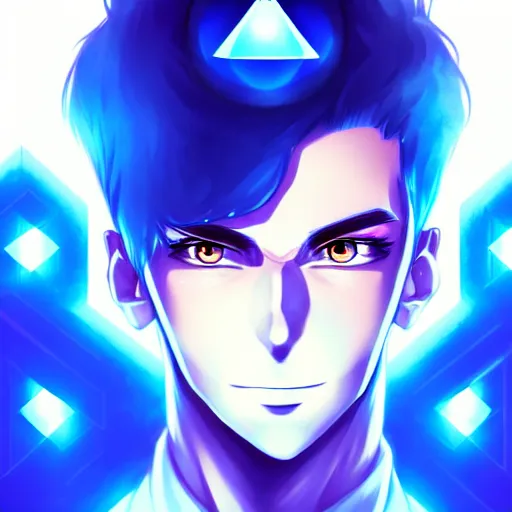 Image similar to a highly detailed portrait of a man with navy blue hair and blue glowing eyes, summoning blue transparent cubes, high detail clothing, concept art, anime, artstation, professional drawing