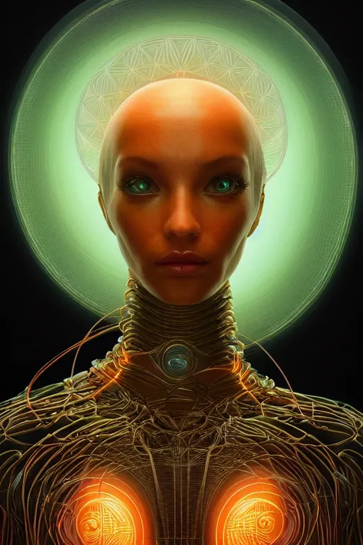 Image similar to a centered render of an alien bio - organic creature adorned with cables and synthesizer parts is surrounded by sacred geometry, full body, gorgeous face, perfect face, powerful, cinematic, beautifully lit, by artgerm, by karol bak, 3 d, trending on artstation, octane render, 8 k