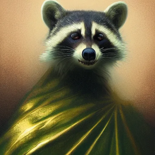 Prompt: Racoon king of the mountains, gold and green, portrait, by Anato Finnstark, Tom Bagshaw, Brom