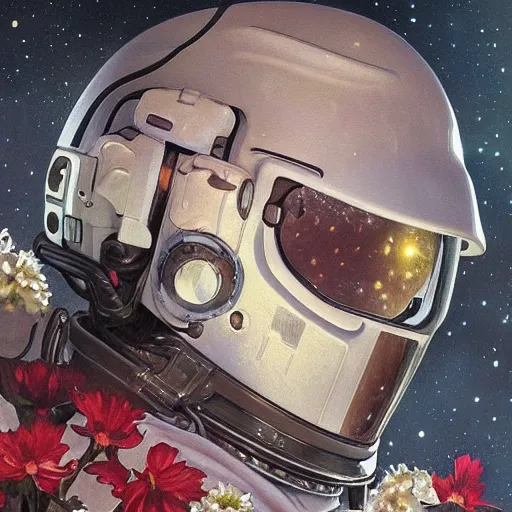 Image similar to a close up painting of an astronaut floating in space. his helmet visor is dark and reflective. you can see the reflection of flowers in his helmet visor. by artgerm and greg rutkowski and alphonse mucha