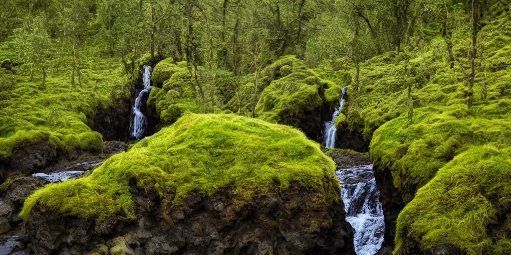 Image similar to photo of a landscape with lush forest, wallpaper, very very wide shot, iceland, new zeeland, green flush moss, national geographic, award landscape photography, professional landscape photography, waterfall, stream of water, big sharp rock, ancient forest, primordial, sunny, day time, beautiful