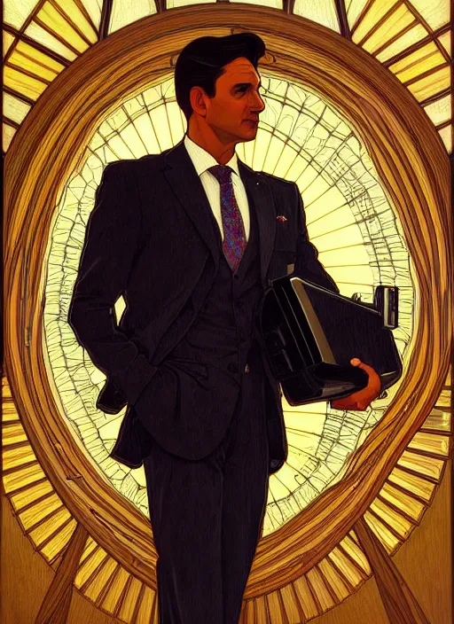 Prompt: oil portrait of a television wearing a business suit, intricate, elegant, highly detailed, lighting, painting, artstation, smooth, illustration, art by greg rutowski and alphonse mucha