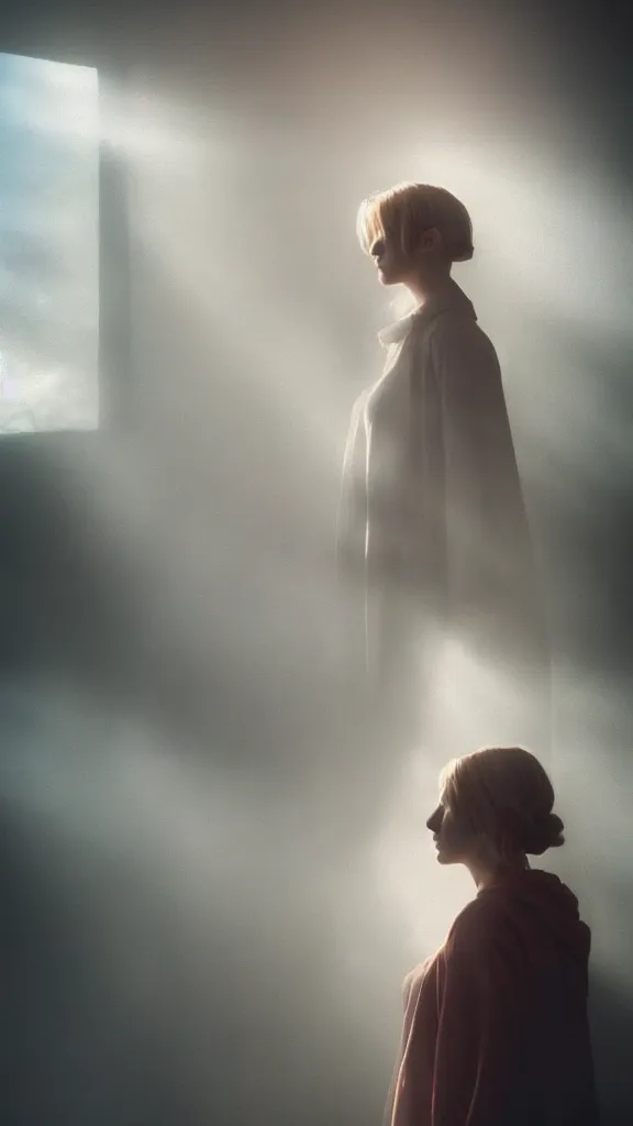 Image similar to very very beautiful photograph of emily skinner looking like annie leonhart standing next to a window god rays shining on her from the sunlight, volumetric fog, smoke, depth of field, beautiful composition, very very very beautifull face, on artstation and instagram