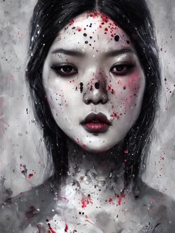 Image similar to a photorealistic splatterpunk portrait of a gorgeous Asian woman with shadowy eyes and bonewhite hair, with black glossy lips, hyperrealistic, award-winning, 8k, in the style of Tom Bagshaw, Cedric Peyravernay, Peter Mohrbacher