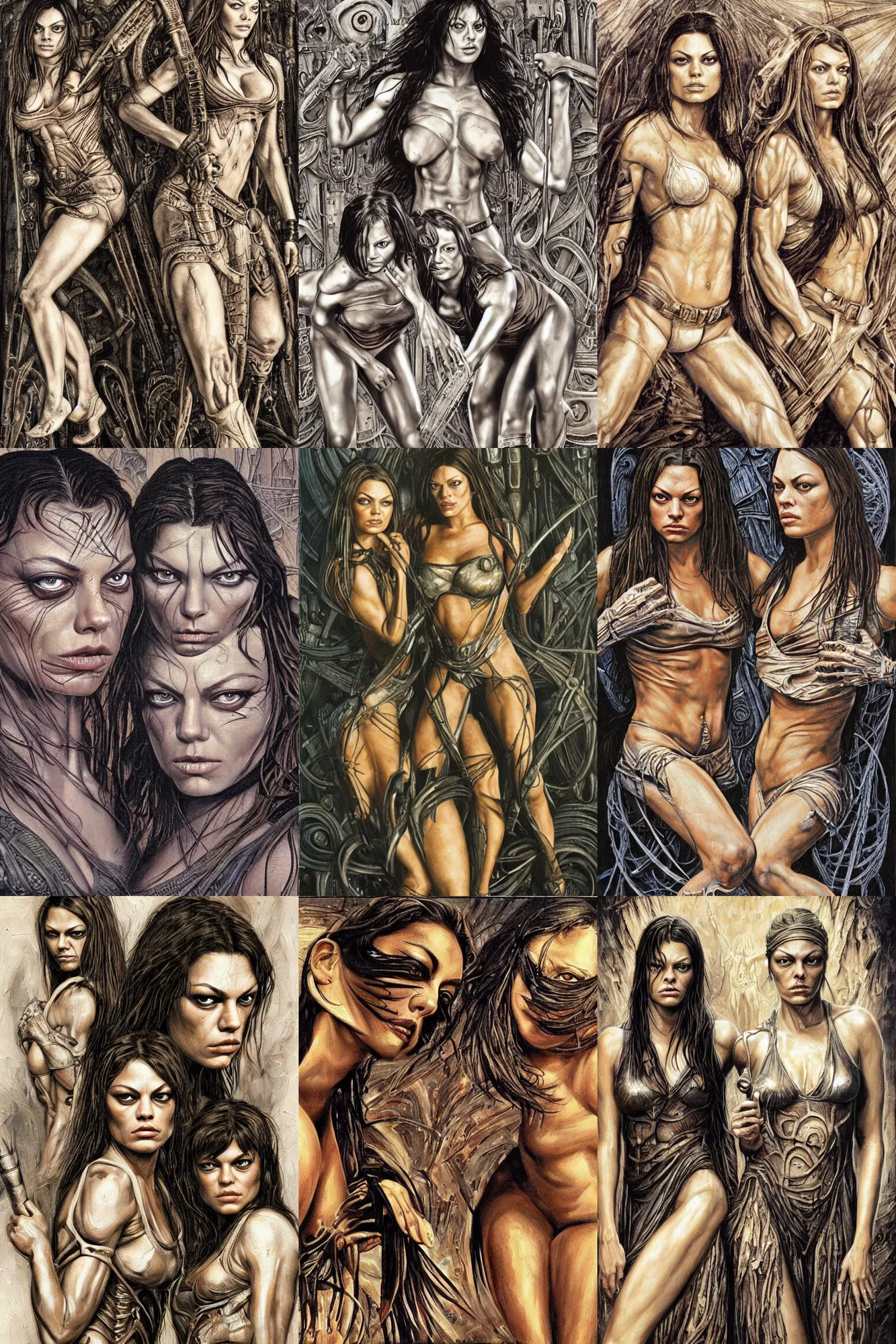 Prompt: painting of Mila Kunis and Milla Jovovich by Simon Bisley, fierce, calm, looking shredded from working out, in the style of HR Giger, highly detailed, in the style of Da Vinci, old weathered paper, 8k, symbols and glyphs carvings