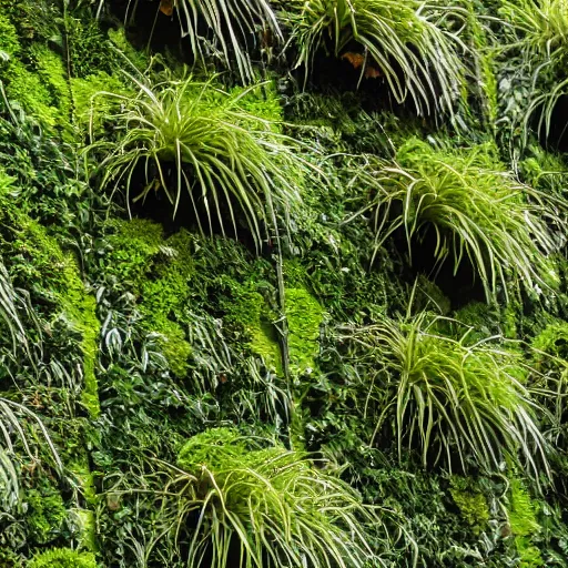 Prompt: close up of a living wall made of new zealand flax, astelia epiphytes and rata vines