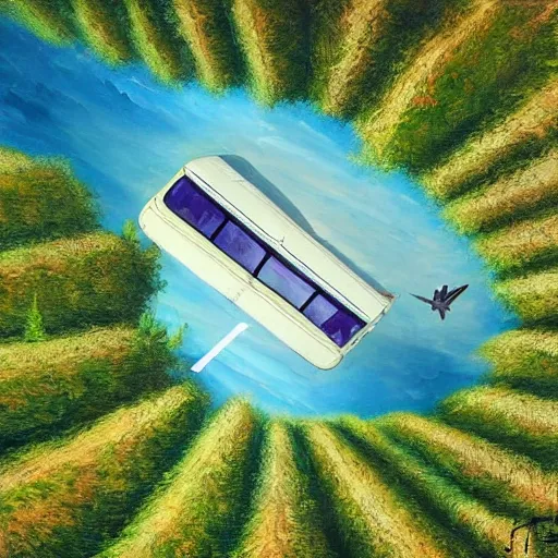 Prompt: a bus with wings [ flying above a forest and lake ], [ oil painting ]!!, trending on cgsociety, 4 k