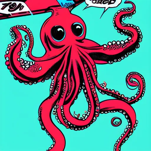Prompt: body builder octopus with arms out wide in 70s comic book style front view