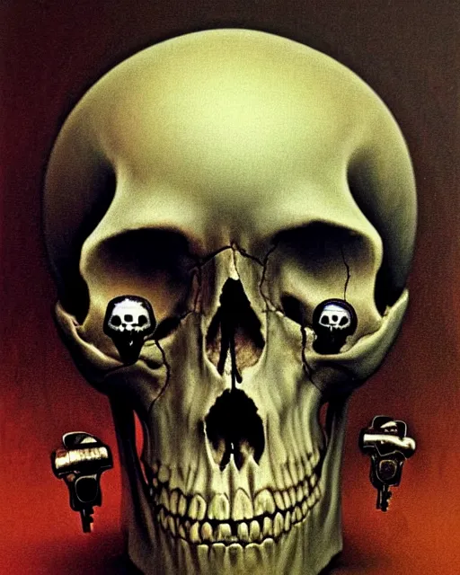 Image similar to portrait of a skull with bullet casings in its eyesocket instead of eyes by zdzislaw beksinski, key art, iridescent accents