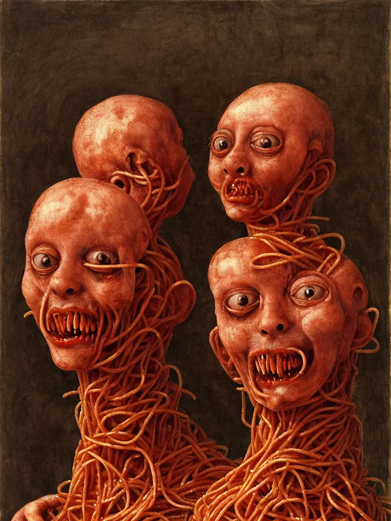 Image similar to siamese twins made of spaghetti sitting in a tub full of tomato sauce, looking straight into camera, screaming in desperation, by giuseppe arcimboldo and ambrosius benson, renaissance, intricate and intense oil paint, a touch of joseph cornell, beksinski and hr giger and edward munch, realistic