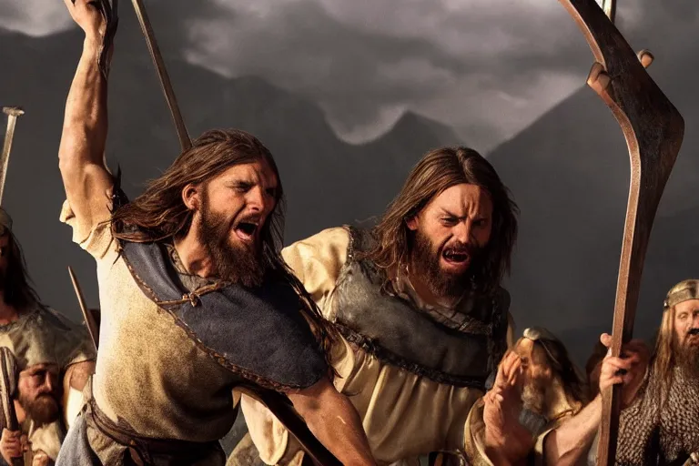 Image similar to Jesus Christ as a viking holding a iron battleax yelling and raising his arms in a scandinavian field, 8k, hyperrealistic, professional photography, epic composition, golden hour