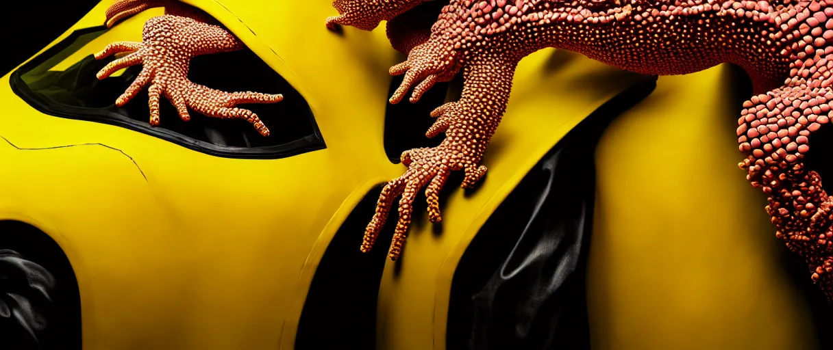 Image similar to hyperrealist highly detailed english medieval portrait of high fashion monster wearing car part yellow cab armor, radiating atomic neon corals, concept art pascal blanche dramatic studio lighting 8k wide angle shallow depth of field