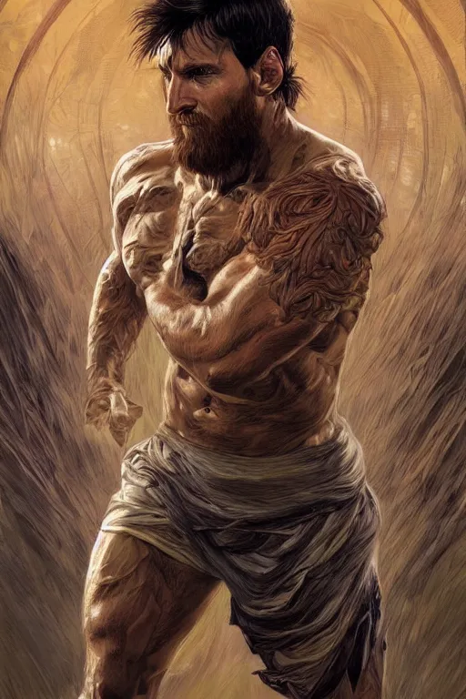 Image similar to portrait of lionel messi as a hulking herculean demon, forest, godlike, full body, fantasy, intricate, elegant, highly detailed, digital painting, artstation, concept art, sharp focus, illustration, art by artgerm and greg rutkowski and alphonse mucha