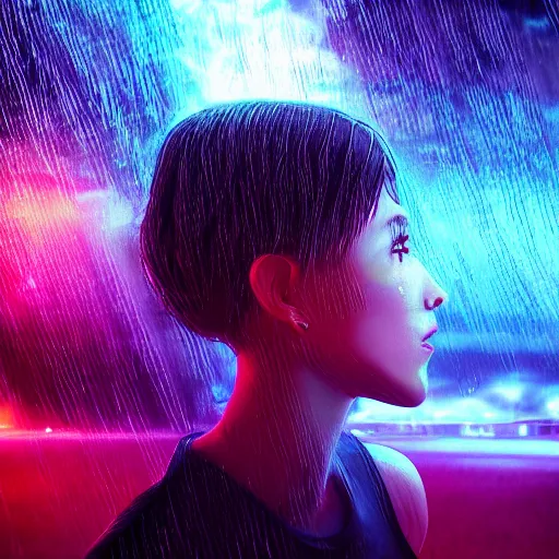 Image similar to realistic portrait made out of rain, neon, lightning, rendered in octane, unreal engine, character art