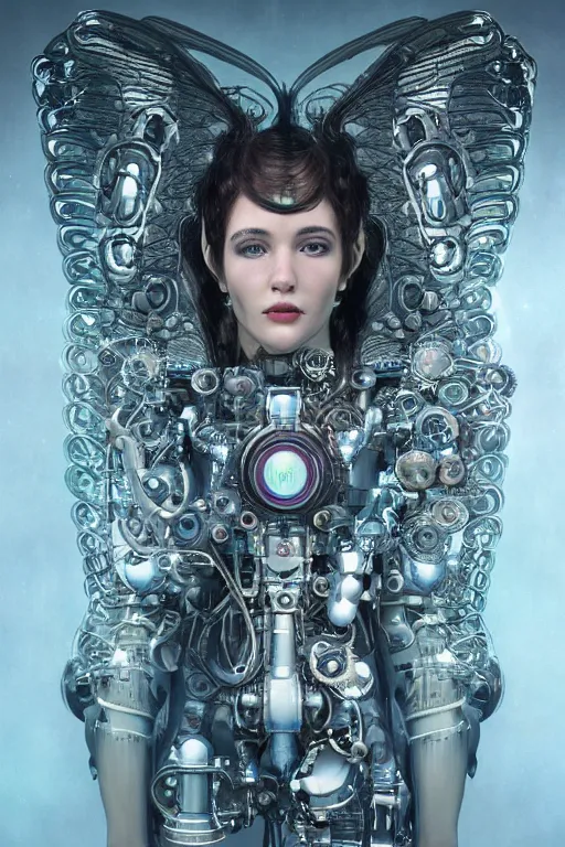 Prompt: a beautiful intricate fine art portrait photo of a a mechanical industrial steampunk cybernetic angel with neon wings against galactic space, soft backlight, by tom bagshaw and zach sutton, perfection!, milk bath photography, studio lighting, 3 5 mm lens, very detailed, bionic, cybernetic scifi, deep depth of field, artstation, 8 k, highly coherent