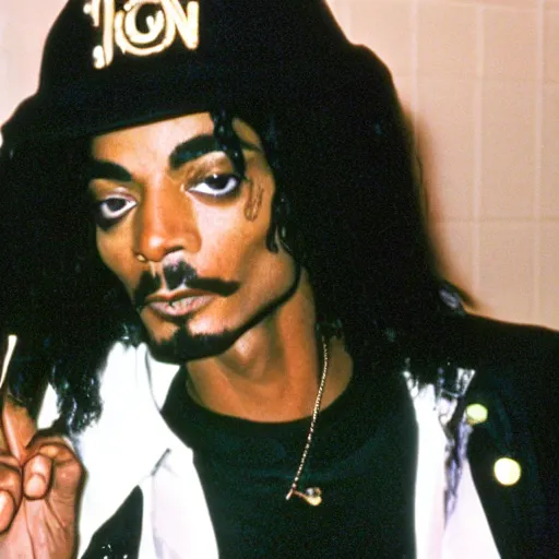 Image similar to a 1980s film still of Snoop Dogg dressed as Michael Jackson, 40mm lens, shallow depth of field, split lighting