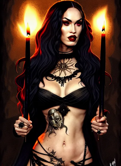 Image similar to megan fox witch queen, black eyes, blood, full body, intricate victorian dress, middle shot, cinematic lighting, studio quality, symmetrical eyes, artgerm, joshua middleton, rafael albuquerque, moody lighting, candles, art style by klimt and krenz cushart