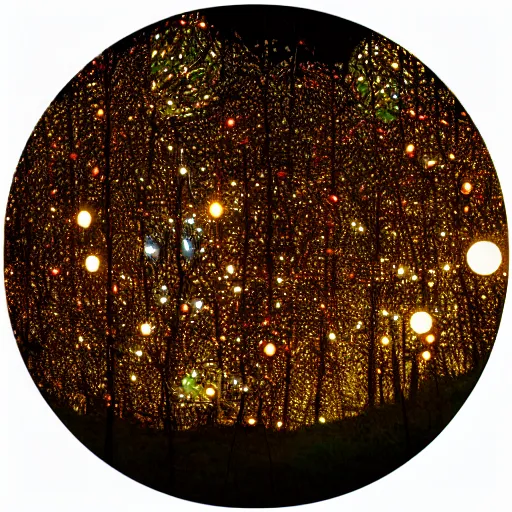 Image similar to forrest illuminated by glowing spheres, night, 5 5 mm