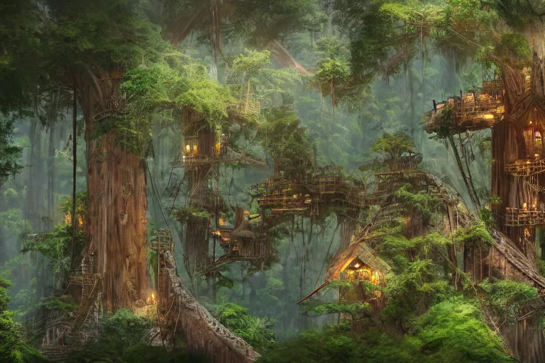 Image similar to various treehouses mounted on giant redwood tree trunks, interconnected by rope bridges, fantasy setting, dense vegetation, very detailed, d & d concept art, 4 k