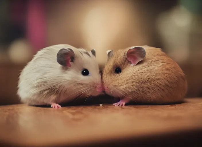 Image similar to photo of a hamsters on a date, kissing, at night, romantic, faded colors, candlelit restaurant table, cinematic color grading, various poses, soft light, well framed, sharp focus, 8 k