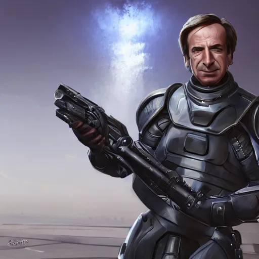 Image similar to Movie still of Saul Goodman wearing futuristic futuristic futuristic armour while holding a machine gun, highly detailed, digital painting, artstation, concept art, sharp focus, illustration, art by Tony Sart and artgerm and randy vargas