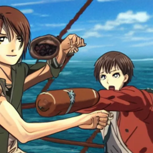 Image similar to eren jaeger pointing at a sausage over the sea