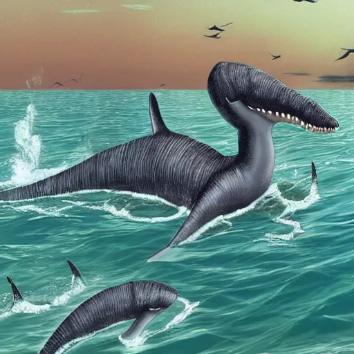 Image similar to terrifying plesiosaur attacking swimmers at the beach. detailed, realistic, photograph.