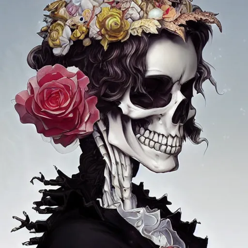 Prompt: anime manga skull young woman skeleton, snow white, unreal engine, intricate, elegant, highly detailed, digital art, art by JC Leyendecker and sachin teng