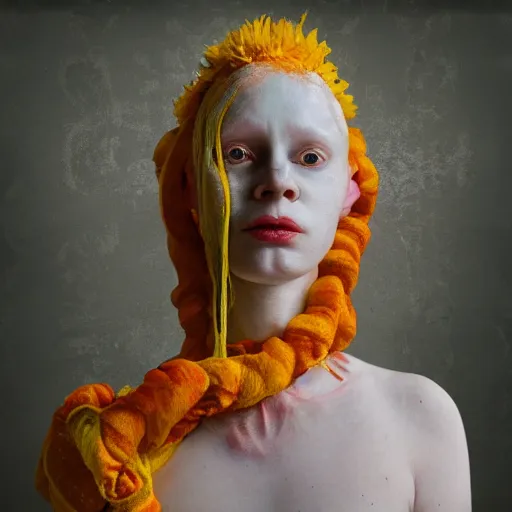 Prompt: realistic expired kodak film portrait of albino india woman tentacled creature mix, marigold celestial vibe, hyperrealism, hypermaxiymalism, photorealistic, detailed, atmospheric, 8 k, award winning photography, cinematic