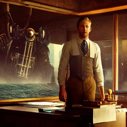 Image similar to a highly detailed cinematic photo from a live - action bioshock movie. andrew ryan, portrayed by ryan gosling, is shown standing in a 1 9 3 0's office with a large desk in front of a floor - to - ceiling window looking out onto the underwater city of rapture shining in the distance, several fish are shown outside of the window