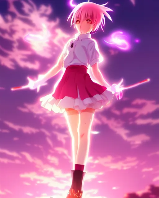 Image similar to anime style, vivid, expressive, full body, 4 k, painting, a cute magical girl with short pink hair, stunning, realistic light and shadow effects, centered, simple background, studio ghibly makoto shinkai yuji yamaguchi