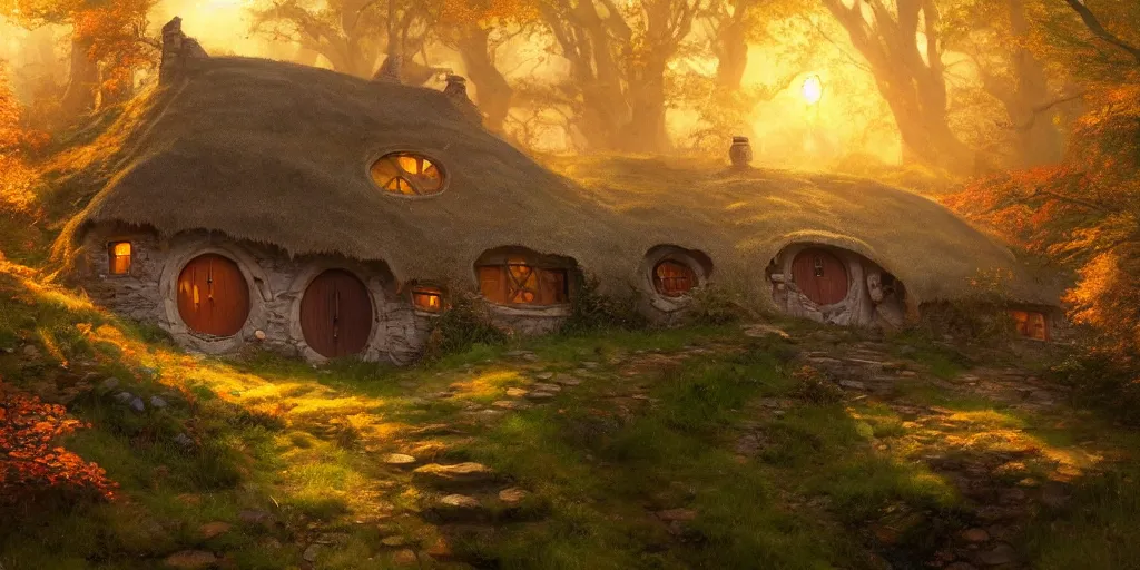 Image similar to a hobbit cottage on top of a steep hill, greg rutkowski, zabrocki, moebius, karlkka, jayison devadas, highly detailed, autumn sunlights, smoky atmosphere, ( ray of sunlight ), trending on artstation, sharp details, 8 k, ultra wide angle, zenith view, lens effect