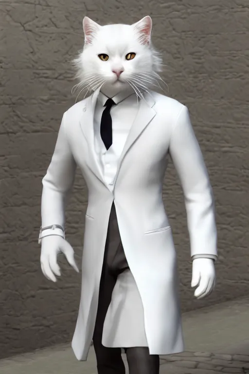 Image similar to a white cat wearing a formal overcoat, hyperrealistic, concept art, octane render, unreal engine 5, trending on DeviantArt, highly detailed, high quality, 8K, soft lighting, cute, natural lighting, realistic face, trending on Artstation, elegant clothes, profile picture, path traced, house background