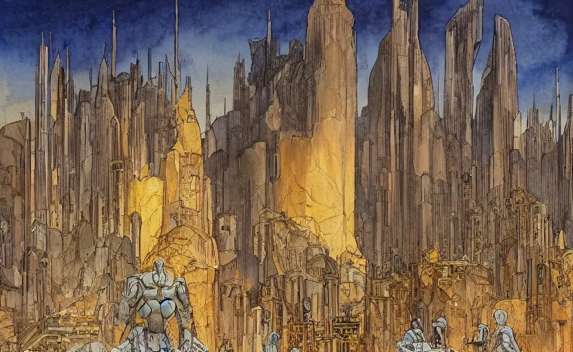 Prompt: a hyperrealist watercolor concept art of a sci - fi futurist metropolis in arizona. a medieval monk in grey robes is in the foreground. golden hour. very muted colors, by rebecca guay, michael kaluta, charles vess. high detail, hq, wide shot, 4 k