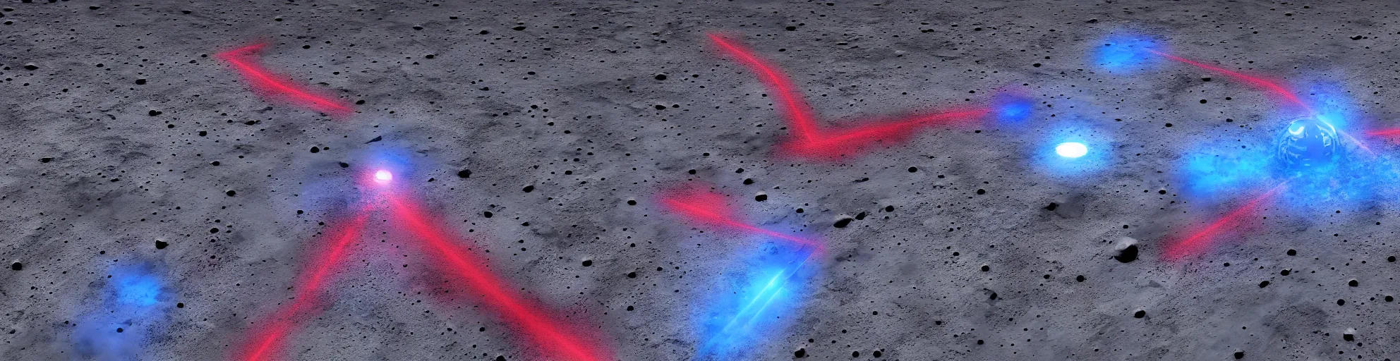 Prompt: moonscape with lunar base, a red laser and a blue laser intersecting, unreal engine, trending on artstation, octane render, 8 k